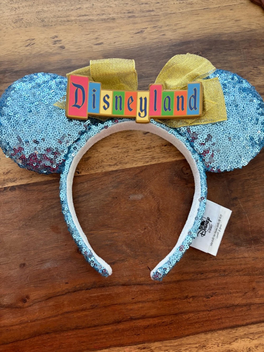 Disneyland Sequin Mouse Ears Headband - Blue with Gold Bow (bought in park)